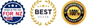 Golden and black "100% Satisfaction Guaranteed" seal with stars, promising total customer satisfaction.